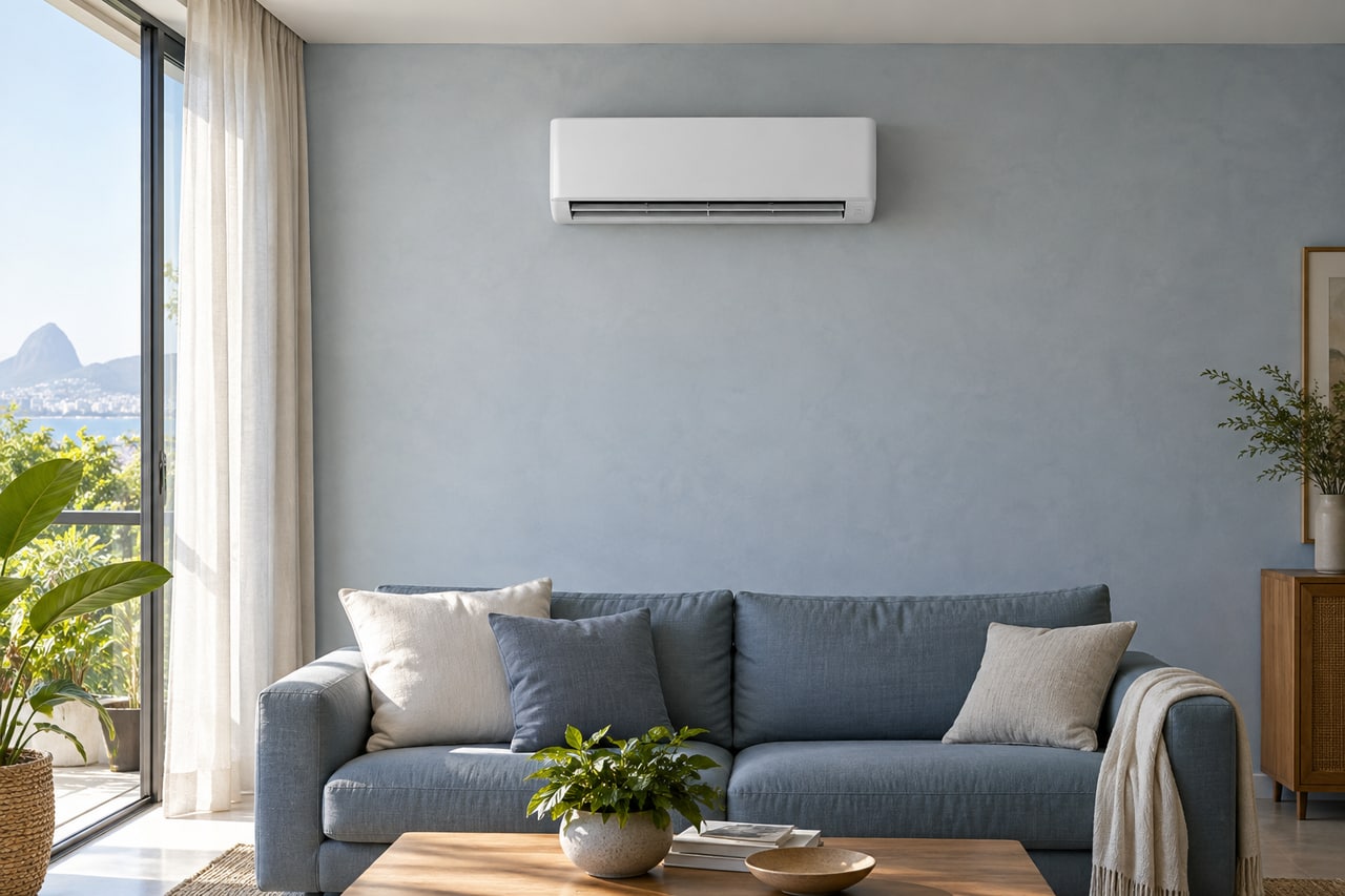 Imagem ilustrativa: Ar condicionado sem marca em ambiente azul claro com janela e luz lateral